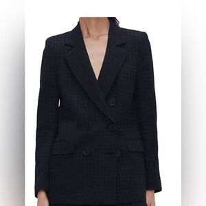 Zara Women's Black Double-Breasted Houndstooth Blazer